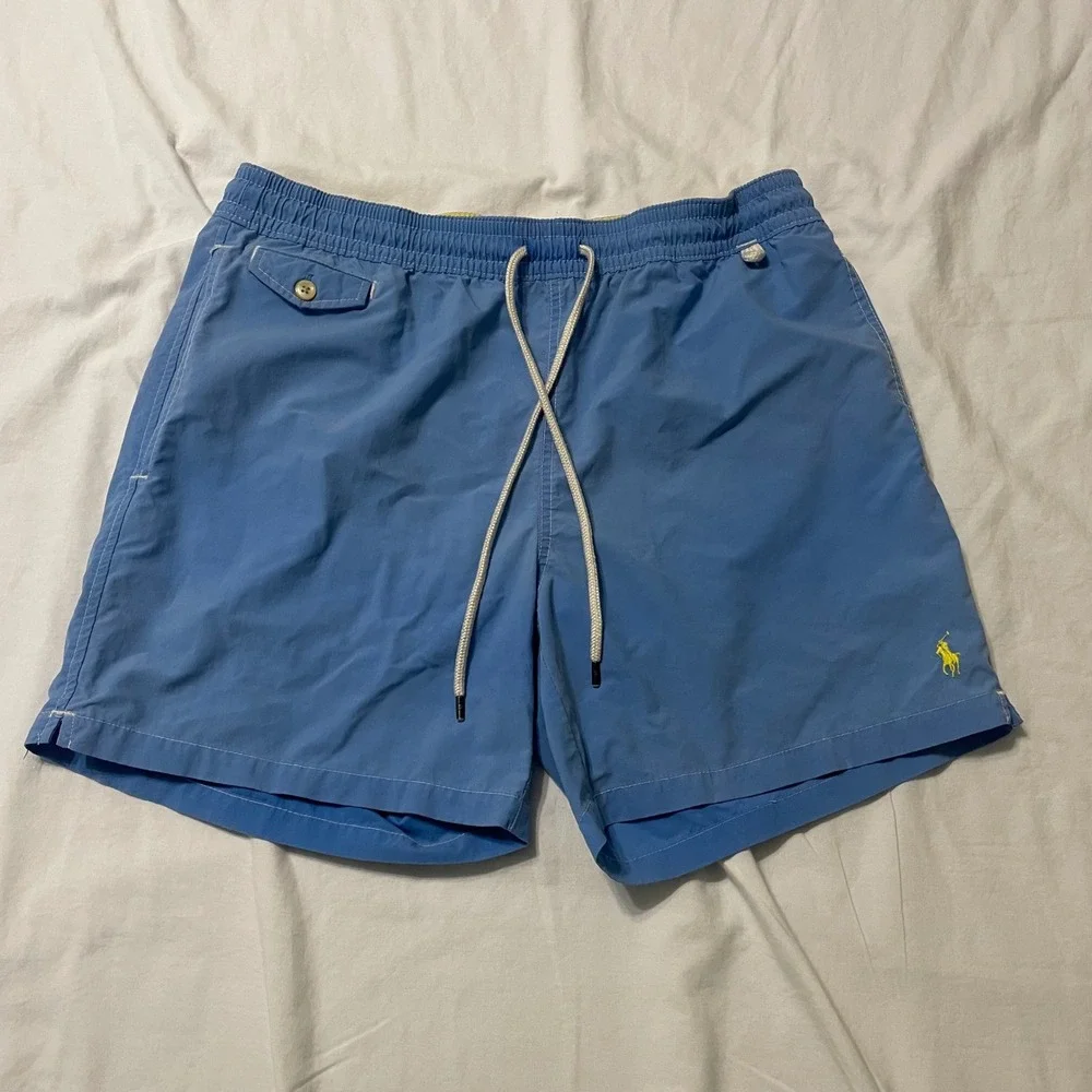 Polo Ralph Lauren Swim Trunks Mens Large Blue Yellow Pony Logo Mesh Lined Shorts